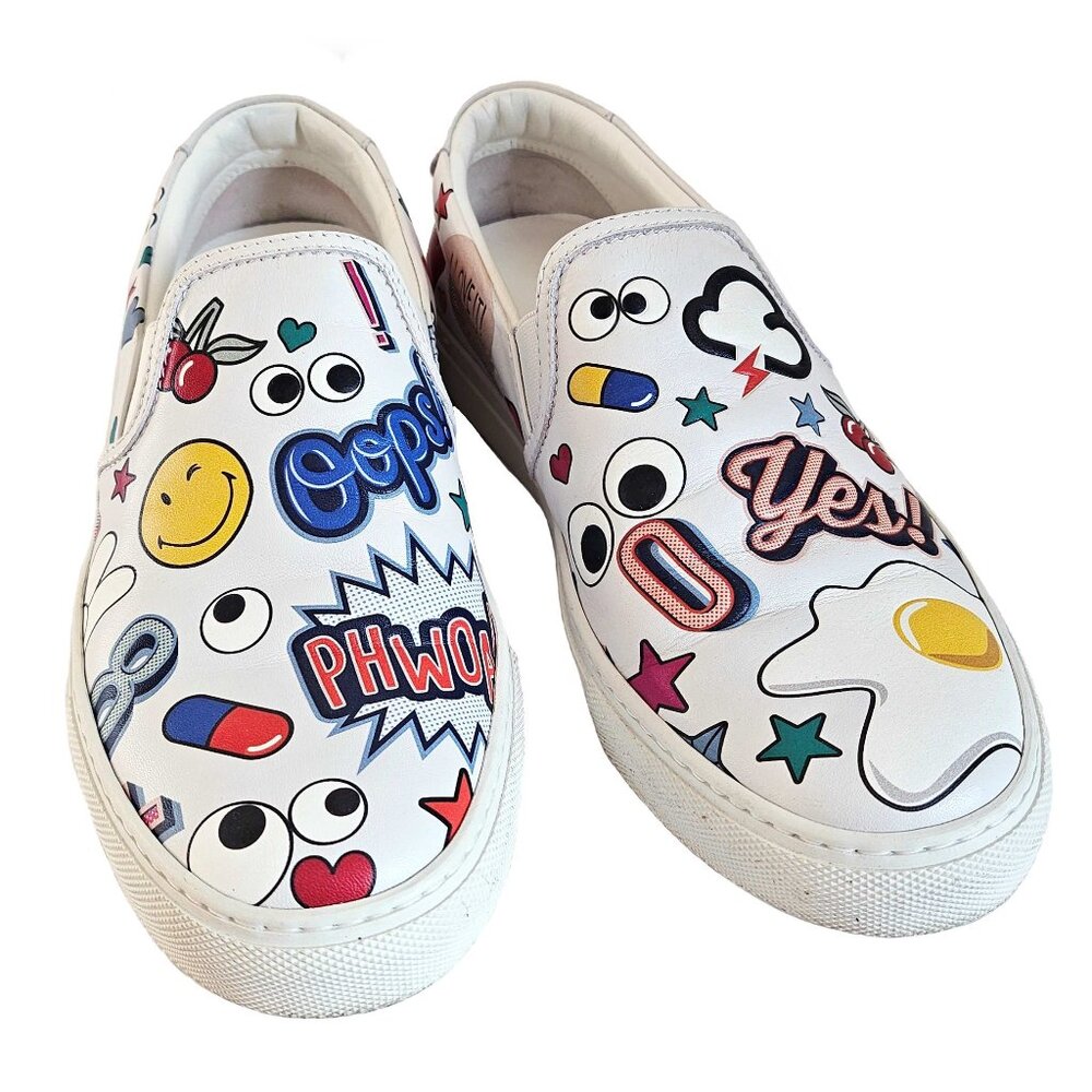 ANYA HINDMARCH WHITE LEATHER ALL OVER WINK STICKERS SLIP ON SNEAKERS (37)